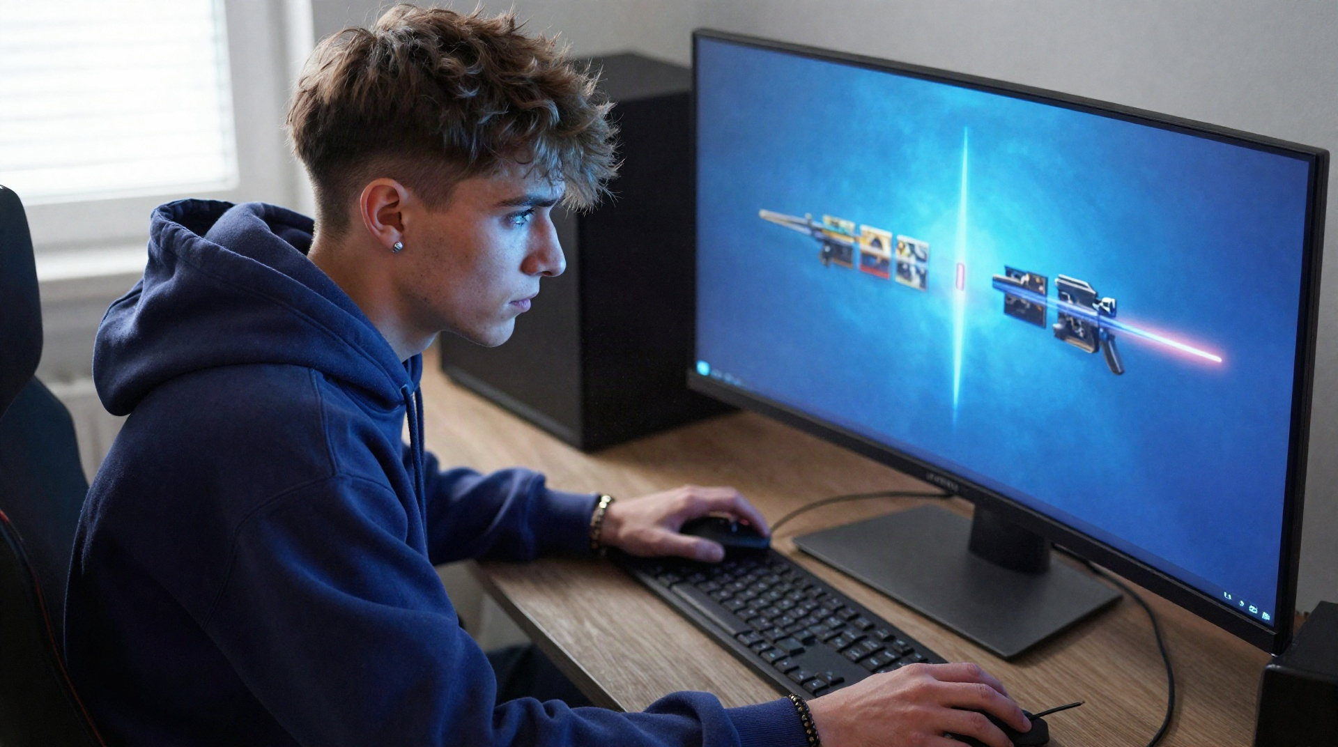 Игрок за компьютером в момент открытия кейса CS2, сосредоточенный взгляд на экране